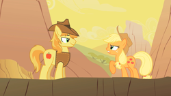 Size: 1280x720 | Tagged: safe, derpibooru import, screencap, applejack, braeburn, earth pony, pony, over a barrel