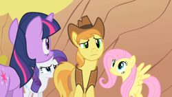 Size: 1280x720 | Tagged: safe, screencap, braeburn, fluttershy, rarity, twilight sparkle, pegasus, pony, unicorn, over a barrel, female, hat, male, mare, spread wings, stallion, wings