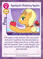 Size: 640x884 | Tagged: safe, artist:asajiopie01, applejack, earth pony, pony, apple, card, food, spa pony, spa pony applejack, text, trading card, twilight sparkle's secret shipfic folder