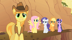 Size: 1280x720 | Tagged: safe, screencap, applejack, braeburn, fluttershy, rarity, twilight sparkle, earth pony, pegasus, pony, unicorn, over a barrel