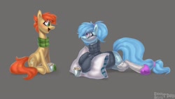 Size: 1920x1080 | Tagged: safe, artist:enderselyatdark, oc, oc only, oc:rusty gears, oc:whispy slippers, earth pony, pony, clothes, cute, female, glasses, pillow, scarf, sock, socks, sweater, turtleneck