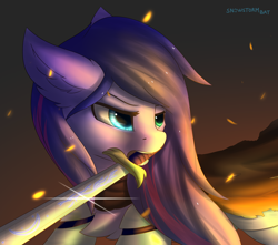 Size: 3372x2975 | Tagged: safe, artist:snowstormbat, oc, oc:blitz moon, armor, female, glowing eyes, gradient background, long hair, mare, mouth hold, solo, sword, weapon