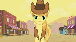 Size: 1364x768 | Tagged: safe, screencap, braeburn, over a barrel, appleloosa, solo