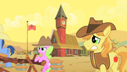 Size: 1280x720 | Tagged: safe, screencap, blues, braeburn, daisy, flower wishes, noteworthy, over a barrel, flag, flag pole, food, pie