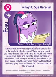 Size: 640x884 | Tagged: safe, artist:asajiopie01, twilight sparkle, alicorn, pony, spa pony, spa pony twilight sparkle, text, trading card, twilight sparkle's secret shipfic folder