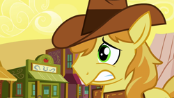 Size: 1280x720 | Tagged: safe, screencap, braeburn, over a barrel, appleloosa, faic, nervous, solo