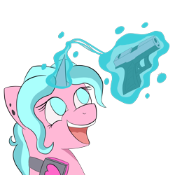 Size: 3000x3000 | Tagged: safe, artist:aezaelia, oc, oc only, oc:candy chip, cyborg, pony, the sunjackers, cyberpunk, delet this, female, glock, gun, happy, headphones, magic, mare, meme, open mouth, pistol, simple background, smiling, solo, telekinesis, transparent background, weapon