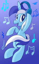 Size: 1104x1788 | Tagged: safe, artist:notadeliciouspotato, minuette, pony, unicorn, abstract background, bipedal, female, headphones, mare, music notes, smiling, solo