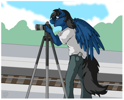 Size: 2948x2378 | Tagged: safe, artist:stormblaze-pegasus, oc, oc only, anthro, pony, camera, clothes, glasses, handsome, high res, male, open mouth, pants, solo, spread wings, stallion, train tracks, wings