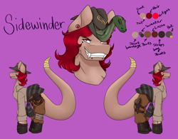 Size: 2522x1963 | Tagged: safe, alternate version, artist:blacksky1113, oc, oc only, oc:sidewinder, oc:slithers, original species, pony, snake, snake pony, bag, bandage, beauty mark, boots, clothes, dagger, ear piercing, earring, fangs, fedora, female, gloves, hat, jeans, jewelry, knife, mare, pants, piercing, purple background, reference sheet, scar, shirt, shoes, simple background, snake bites, snake tail, solo, sweater, weapon, whip