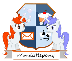 Size: 2656x2258 | Tagged: safe, artist:orangel8989, oc, oc only, oc:discentia, oc:karma, pony, unicorn, banner, bubble, coat of arms, crest, cupcake, derp, downvote, female, food, frown, happy, header, mail, mare, ponified, reddit, simple background, transparent background, upvote, vector