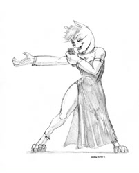 Size: 1100x1369 | Tagged: safe, artist:baron engel, oc, oc only, anthro, diamond dog, digitigrade anthro, clothes, commission, diamond dog oc, dress, female, female diamond dog, grayscale, jewelry, microphone, monochrome, necklace, pearl necklace, pencil drawing, side slit, signature, simple background, singer, singing, solo, traditional art, white background