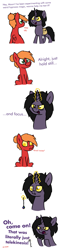 Size: 1336x5317 | Tagged: safe, artist:moonatik, oc, oc only, oc:moonatik, oc:skullpon, pegasus, pony, unicorn, angry, comic, dialogue, glasses, hypnosis, hypnotized, male, saddle bag, simple background, smiling, stallion, white background