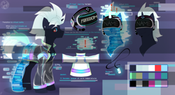 Size: 4560x2480 | Tagged: safe, artist:tigra0118, oc, oc only, pony, unicorn, adoptable, adoptable open, auction open, clothes, cyberpunk, ear piercing, earring, headset, helmet, jacket, jewelry, male, pendant, piercing, reference sheet, solo, stallion, virtual reality, vr headset