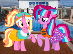 Size: 1440x1080 | Tagged: safe, artist:徐詩珮, luster dawn, oc, oc:bubble sparkle, alicorn, unicorn, series:sprglitemplight diary, series:sprglitemplight life jacket days, series:springshadowdrops diary, series:springshadowdrops life jacket days, alicorn oc, alternate universe, base used, bubbledawn, canon x oc, clothes, cute, female, lesbian, lifejacket, magical lesbian spawn, multiple parents, next generation, offspring, offspring shipping, parent:glitter drops, parent:spring rain, parent:tempest shadow, parent:twilight sparkle, parents:glittershadow, parents:sprglitemplight, parents:springdrops, parents:springshadow, parents:springshadowdrops, paw patrol, shipping, swimsuit