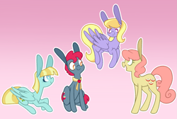 Size: 2305x1553 | Tagged: safe, artist:connorbal, apple split, cloud kicker, gala appleby, helia, earth pony, pegasus, pony, apple family member, background pony, female, flying, freckles, gradient background, impossibly large ears, male, mare, stallion, white pupils