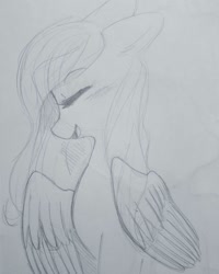 Size: 1080x1350 | Tagged: safe, artist:luluneusa, fluttershy, pegasus, pony, eyes closed, female, mare, monochrome, sketch, solo, traditional art