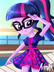 Size: 1800x2400 | Tagged: safe, artist:artmlpk, sci-twi, twilight sparkle, better together, equestria girls, spring breakdown, clothes, cruise, cruise ship, cute, digital art, dress, flowing hair, glasses, hand on head, looking at you, luxe deluxe, ponytail, smiling at you, solo, swimming pool, twiabetes