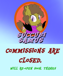 Size: 1325x1606 | Tagged: safe, artist:succubi samus, oc, oc:moon pearl, bat pony, announcement, bat pony oc, bat wings, closed, clothes, commission, cutie mark, female, font, mare, shirt, slit eyes, wings