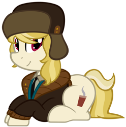 Size: 1280x1290 | Tagged: safe, artist:furrgroup, march gustysnows, earth pony, pony, cute, female, hat, mare, necktie, prone, simple background, solo, ushanka, white background