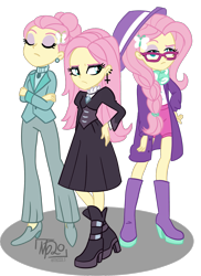 Size: 1491x2052 | Tagged: safe, artist:tassji-s, fluttershy, equestria girls, fake it 'til you make it, alternate hairstyle, clothes, ear piercing, earring, fluttergoth, glasses, hair bun, hat, hipstershy, jewelry, multeity, pants, piercing, self paradox, severeshy, simple background, solo, sweater, transparent background, triality