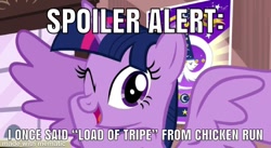 Size: 750x411 | Tagged: safe, twilight sparkle, twilight sparkle (alicorn), alicorn, pony, three's a crowd, bunty the hen, catchphrase, chicken run, derpypasta, one eye closed, solo, spoiler alert, wat, wink