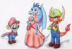 Size: 3230x2190 | Tagged: safe, artist:40kponyguy, derpibooru exclusive, princess ember, smolder, spike, dragon, clothes, cosplay, costume, crossover, dress, facial hair, hat, looking at you, mario & luigi, moustache, princess peach, requested art, simple background, super mario bros., traditional art, white background