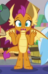 Size: 270x413 | Tagged: safe, screencap, smolder, dragon, the hearth's warming club, bucket, claws, cropped, dragoness, fangs, female, horns, open mouth, shocked, shrunken pupils, solo focus, spread wings, toes, wide eyes, wings