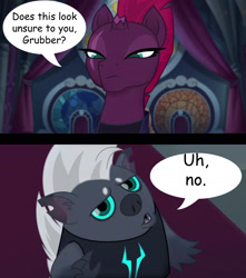 Size: 1480x1674 | Tagged: safe, artist:kodimarto, edit, edited screencap, screencap, grubber, tempest shadow, my little pony: the movie, does this look unsure to you?, eye scar, just one bite, meme, photoshop elements, scar, speech bubble, spongebob squarepants