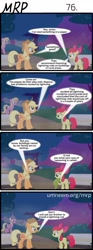 Size: 800x2153 | Tagged: safe, artist:umneem, derpibooru import, apple bloom, applejack, lily, lily valley, dog, earth pony, pony, comic:my rational pony, comic, female, hat, mare, park bench, stick, tinfoil hat, tree