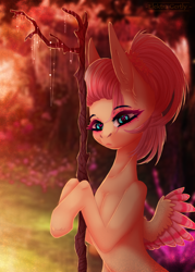 Size: 732x1020 | Tagged: safe, artist:elektra-gertly, fluttershy, pegasus, pony, alternate hairstyle, female, mare, solo, staff, stick, tree