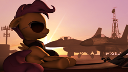 Size: 1920x1080 | Tagged: safe, artist:star-dust101, scootaloo, 3d, butt, car, f-16 fighting falcon, jet, on side, plot, source filmmaker, sunglasses, sunrise, top gun, underhoof