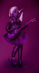 Size: 542x1000 | Tagged: safe, artist:turbinedivinity, oc, oc only, anthro, unicorn, blinders, clothes, collar, dress, female, gradient background, guitar, high heels, horn, latex dress, lock, musical instrument, shoes, solo, unicorn oc