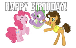 Size: 750x481 | Tagged: artist needed, safe, artist:kyrospawn, artist:zutheskunk edits, derpibooru import, edit, editor:undeadponysoldier, cheese sandwich, pinkie pie, spike, dragon, earth pony, pony, birthday, caption, cute, diapinkes, female, happy, happy birthday, image macro, male, mare, simple background, spike's birthday, spikelove, stallion, text, white background