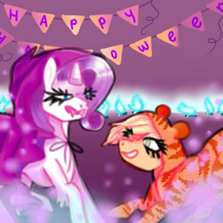 Size: 1000x1000 | Tagged: safe, artist:cheersbear, derpibooru import, applejack, rarity, earth pony, pony, unicorn, cute, female, halloween, holiday, jackabetes, lesbian, raribetes, rarijack, shipping