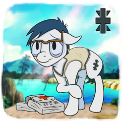 Size: 1920x1890 | Tagged: safe, artist:underwoodart, earth pony, pony, series:digiponies, bag, clothes, colt, crest, digimon, digimon adventure, glasses, insecure, joe kido, male, ponified, shy, simple background, sweater vest, timid, vest