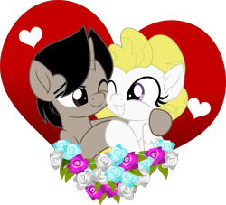 Size: 5000x4545 | Tagged: safe, artist:jhayarr23, surprise, oc, oc:archooves, pegasus, unicorn, archrise, canon x oc, female, flower, heart, holiday, hug, male, mare, shipping, simple background, stallion, transparent background, valentine's day, ych result