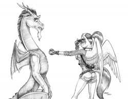 Size: 1400x1087 | Tagged: safe, artist:baron engel, discord, fluttershy, anthro, draconequus, pegasus, ass, butt, cap, clothes, dock, duo, female, fingerless gloves, gloves, grayscale, hat, male, mare, monochrome, pencil drawing, pokéball, pokémon, shorts, simple background, story included, traditional art, white background