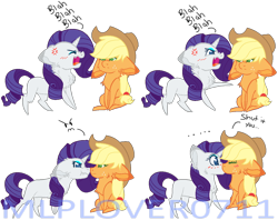 Size: 1024x811 | Tagged: safe, artist:mlplover0711, derpibooru import, applejack, rarity, earth pony, pony, unicorn, blushing, boop, chibi, cross-popping veins, cute, female, impossibly large ears, kissing, lesbian, nose wrinkle, noseboop, rarijack, shipping