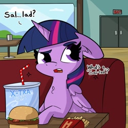 Size: 1080x1080 | Tagged: safe, artist:tjpones, twilight sparkle, twilight sparkle (alicorn), alicorn, pony, bossy boots, burger, drink, floppy ears, food, french fries, meat, omnivore twilight, ponies eating meat, raised eyebrow, soda, solo, spongebob squarepants, this will end in sickness, this will end in weight gain, twilight burgkle