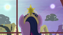 Size: 2100x1180 | Tagged: safe, screencap, twilight sparkle, twilight sparkle (alicorn), alicorn, pony, princess twilight sparkle (episode), big crown thingy, black vine, cloud, everfree cloud, jewelry, moon, regalia, solo, split sky, sun, twilight (astronomy)