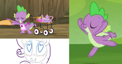 Size: 1124x594 | Tagged: safe, artist:the weaver, edit, screencap, applejack, rarity, spike, dragon, earth pony, pony, unicorn, dragon quest, father knows beast, apron, clothes, cookie, cropped, dexterous hooves, eyes closed, food, happy, heart eyes, majestic as fuck, male, naked apron, offscreen character, simple background, smiling, solo, solo focus, teapot, white background, wingding eyes, winged spike, wings