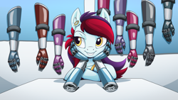 Size: 2560x1440 | Tagged: safe, artist:mysticalpha, oc, oc only, pegasus, pony, prosthetics, robot arms, robotics, solo