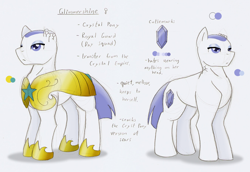 Size: 1350x929 | Tagged: safe, artist:ravenpuff, oc, oc only, oc:glimmershine, crystal pony, pony, armor, duo, female, frown, hoof shoes, mare, reference sheet, royal guard, text, torn ear