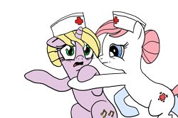 Size: 1899x1262 | Tagged: safe, artist:anon3mous1, nurse redheart, oc, oc:soothing melody, earth pony, pony, unicorn, fanfic:trust once lost, concerned, female, hat, hoof hold, mare, nurse, nurse hat, pointing, scared, simple background, transparent background