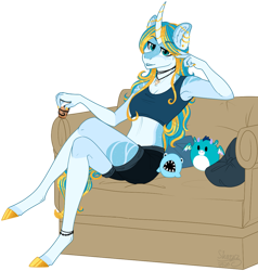 Size: 1078x1132 | Tagged: safe, artist:sharxz, oc, oc:serene shores, anthro, unguligrade anthro, unicorn, alcohol, armpits, clothes, colored, curved horn, ear piercing, earring, fangs, female, flat colors, horn, industrial piercing, jewelry, lounging, midriff, multicolored hair, necklace, pajamas, piercing, plushie, relaxing, simple background, sofa, solo, sports bra, transparent background, unicorn oc