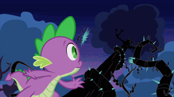 Size: 2100x1177 | Tagged: safe, screencap, spike, dragon, princess twilight sparkle (episode), black vine, male, night, solo, thorns, tree, vine, worm's eye view