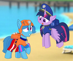 Size: 1291x1080 | Tagged: safe, artist:rainbow eevee edits, artist:徐詩珮, spring rain, twilight sparkle, twilight sparkle (alicorn), alicorn, pony, unicorn, series:sprglitemplight diary, series:sprglitemplight life jacket days, series:springshadowdrops diary, series:springshadowdrops life jacket days, alternate universe, clothes, equestria girls outfit, female, lesbian, lifeguard spring rain, paw patrol, shipping, springlight