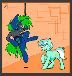 Size: 2616x2776 | Tagged: safe, artist:lucas_gaxiola, lyra heartstrings, oc, pony, unicorn, abstract background, bedroom eyes, climbing, clothes, duo, fangs, female, grin, male, mare, raised hoof, rope, signature, smiling, stallion