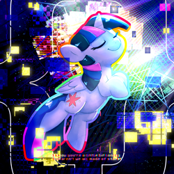 Size: 3000x3000 | Tagged: safe, artist:swerve-art, twilight sparkle, twilight sparkle (alicorn), alicorn, pony, eyes closed, female, glitch art, high res, mare, smiling, solo, text